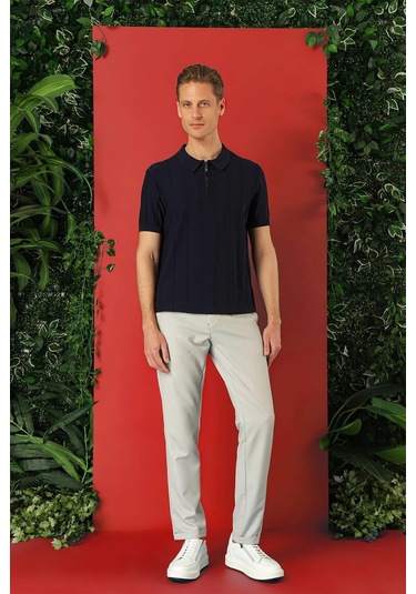Slim Fit Fermuarlı Polo Yaka Kısa Kol Lacivert Triko Tr 865 Lacivert