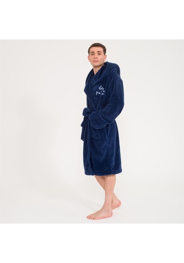 Erkek Uzun Welsoft Kapüşonlu Sabahlık-Lacivert