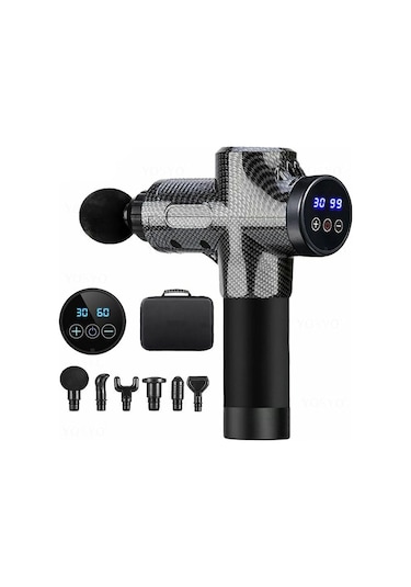 Profesyonel 6 Başlıklı Şarjlı Sporcu Masaj Tabancası 30 Hız Kademeli + Çantalı Gri