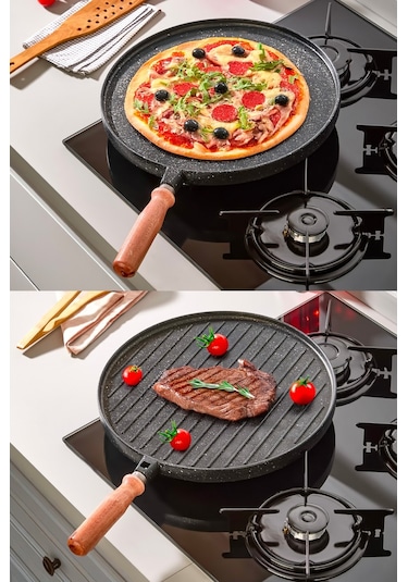 34 Cm Döküm Granit Gözleme Bazlama Tavası Çift Taraflı Siyah