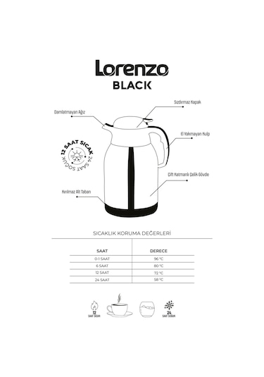 Lorenzo Black Paslanmaz Çelik Termos 1.5 L