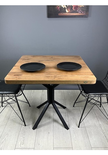 Roma Ceviz Mutfak Yemek Masası Balkon Masası Kavisli Köşe Metal Siyah Ayak 80 Cm