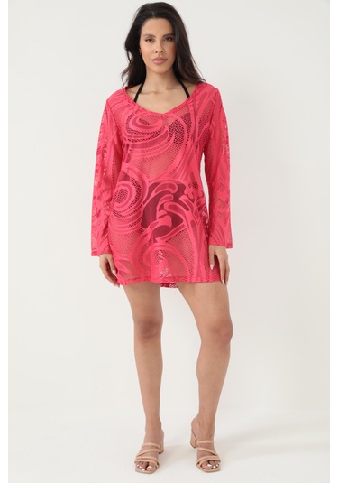 Kolları Volanlı Elbise Fuşya