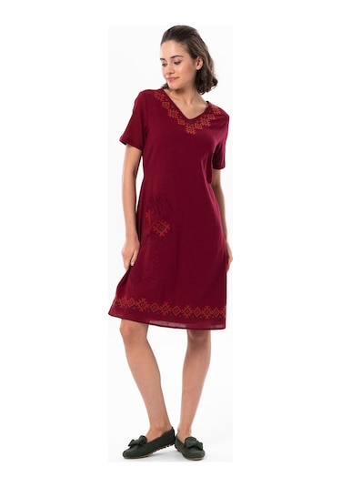 Kolsuz Şile Bezi Kruvaze Yaka Nakışlı Tülin Midi Boy Yazlık Otantik Elbise Bordo Brd-bordo