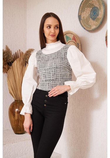 Darlin Moda Gri Tüvit Detaylı Uzun Kollu Bluz Dm9000 Gri