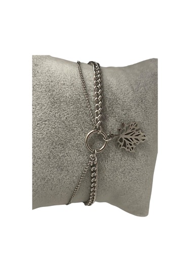 Çelik Çift Zincirli Yaprak Detaylı Gümüş Renkli Kararmaz 17+5 Boy Kadın Bileklik Çelik