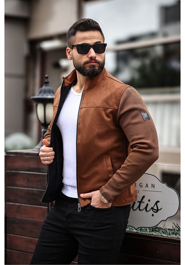 Premium Örme Triko Kol Dik Yaka Süet Ceket Triko Kahverengi
