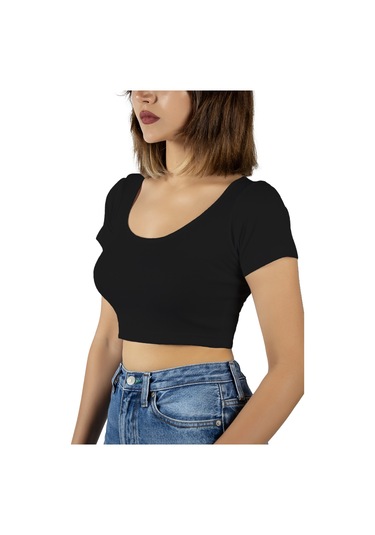 Siyah Havuz Yaka Fitted/vücuda Oturan Kısa Kol Crop Tişört Siyah
