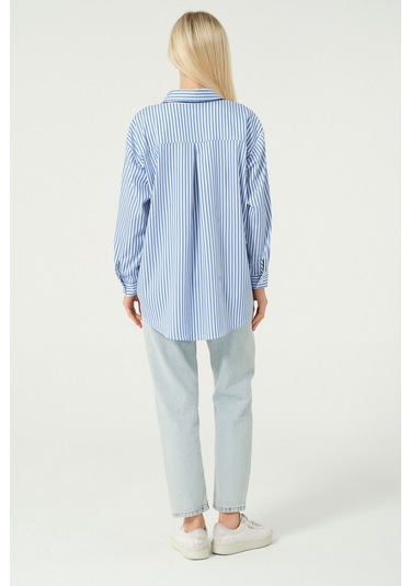 Basic Oversize Çizgili Gömlek Buz Mavisi