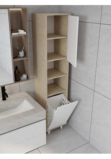 Riva Çamaşır Sepetli Banyo Dolabı Kotonvizon Renk Beyaz
