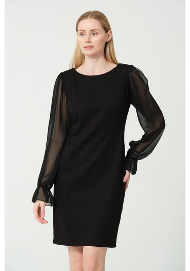 Şifon Kol Detay Mini Elbise Siyah