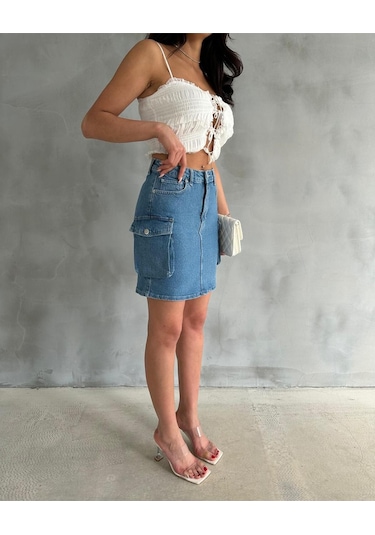 Zeo Basic Kargo Cep Detaylı Mini Denim Etek Mavi