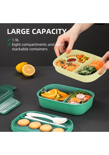 Springsun Yeşil Pp5 1.9l 8 Bölmeli Leak-proof Bento Kutusu, Mikrodalga Uyumlu, Çamaşır Makinesi Güvenli, Çocuk-öğrenci-çalışanlar İçin, Çatal-kıyma- Kaşık Dahil, Yemek Saklama Kutusu Yeşil