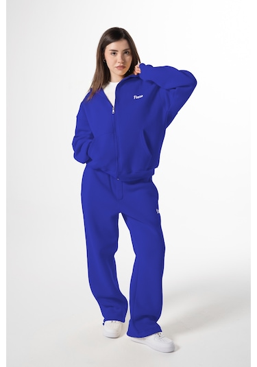 Flaw Nakışlı Zip Hoodie-28830 Saks Mavi