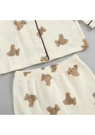 Çocuklar Unisex Günlük Pijama Takımı, Ayı Baskılı Uzun Kollu Ön Cep Yaka Üstleri + Baskılı Uzun Pantolon