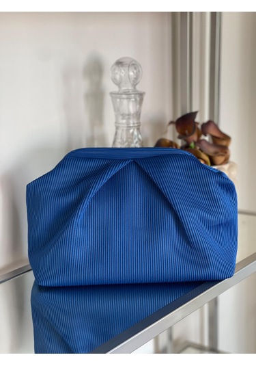 Parlak Mavi, Piliseli Çizgi Detaylı El Çantası Mavi