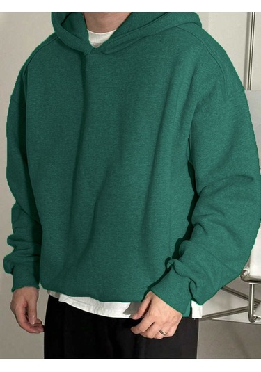 Genius Store Erkek Kapüşonlu Oversıze Sweatshırt 3 İplik Şardonlu Sweatshirt Nefti