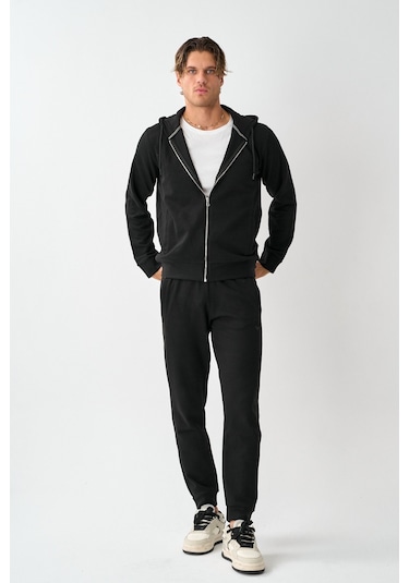 Dechers Tech Fleece Double Face Kapüşonlu Erkek Eşofman Takım E213-1 Siyah