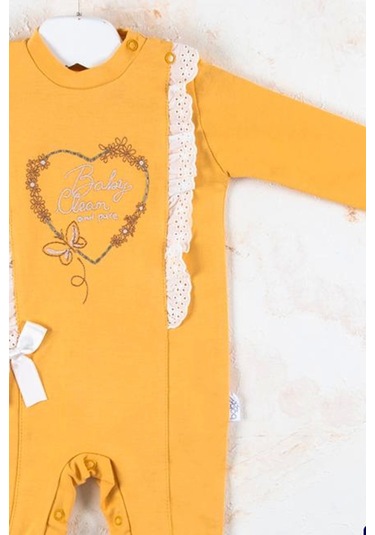 Love Kalp Nakışlı % 100 Pamuk Kız Bebek Tulumu - Sarı