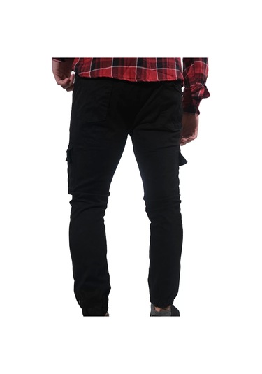 Erkek Jogger Beli Ve Paçası Lastikli Keten Siyah Kargo Pantolon Siyah