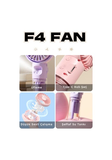 Wearfitpro F4 Şarj Edilebilir Mini El Spreyli Fan Rüzgar Enerjisi Etkili Masaüstü Su Buharlı Vantilatör Pembe