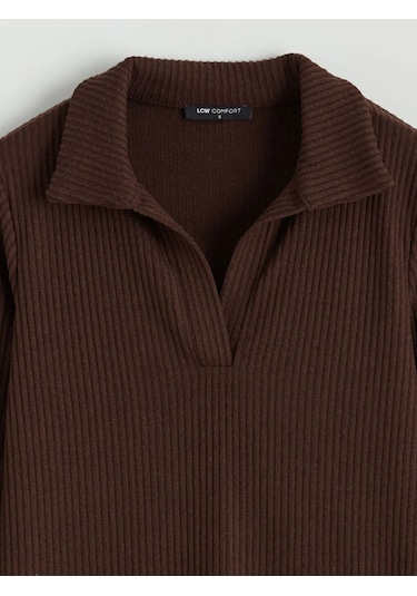 Lc Waikiki Kahverengi Polo Yaka Fitilli Kadın Sweatshirt