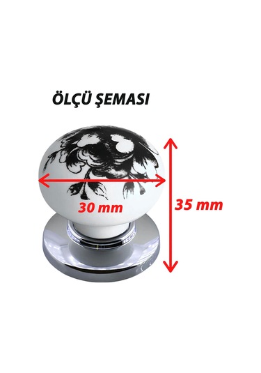 8 Adet Siyah Gül Desenli Beyaz Polimer Düğme Kulp Krom Tablalı Mobilya Mutfak Dolabı Çekmece Kulbu Kulpları