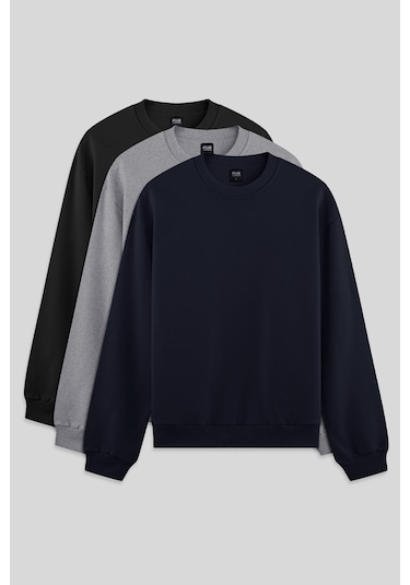 Standart Fit Basic O Yaka 3lü Paket Siyah-lacivert-gri Melanj Erkek Sweatshirt - 88363 Siyah - Açık Gri