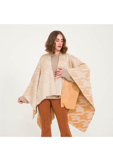 Kaz Ayağı Desen Çift Taraflı Triko Kadın Şal Panço-Safran-140X140 Safran