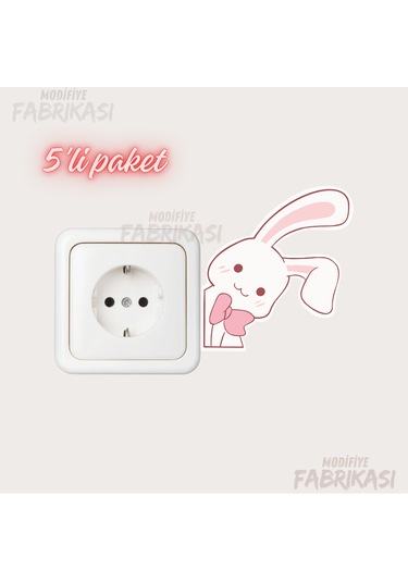 Pembe Papyonlu Tavşan Çocuk Odası Dekoratif Priz Sticker Uv Baskı Pembe
