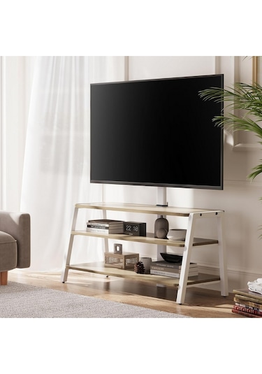 Fitueyes Tv Dolabı 37 70", 35 Kg Taşıma, Ayarlanabilir Yükseklik, 3 Ahşap Raf Tv Ünitesi Beyaz