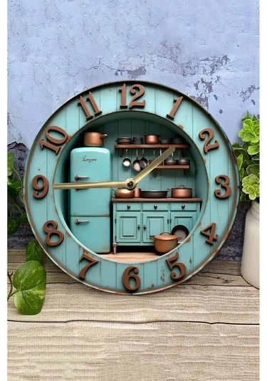 Retro Mutfak Temalı Çift Katmanlı Mdf Duvar Saati 33 Cm 3d Görünümlü 2d Hd Baskı Sdw361 Renkli