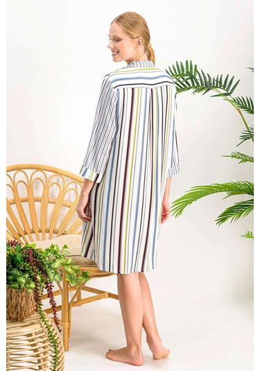 Colour Lines Düğmeli Boyfriend Kadın Gömlek Gecelik- Krem Krem