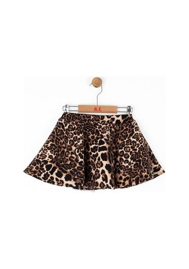 Kız Çocuk Beli Lastikli Tütü Leopar Desenli Kloş Etek-14742 Kahverengi