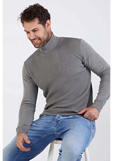 Çizgi Triko Erkek Tam Balıkçı Yaka Pamuklu Triko Kazak 4669E Gri