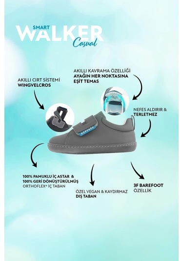 Smart Walker Casual Süper Mat Gri Barefoot Çocuk Ayakkabı Gri