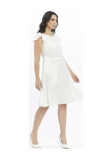 Apsen 3886/100 Kadın Renk Beyaz Omuz Detaylı Büzgülü Midi Boy Yazlık Elbise Beyaz