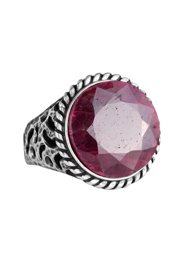 Gerçek Doğal Taş Yüzük - 925 Ayar Katı Gümüş Erkek Yüzüğü İle Yakut Gümüş