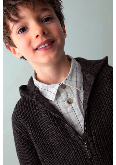 Erkek Çocuk Kapüşonlu Fermuarlı Triko Hırka - Antrasit KREM