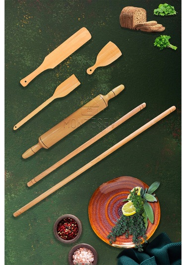 Zümrüt Serisi Ahşap Hamur Açma Oklavası Merdane Börek Seti 6 Lı