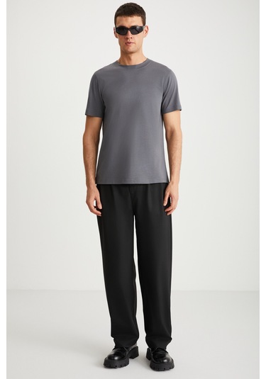 Mıchel Erkek Slim Fit Dar Kesim %100 Organik Pamuklu Yana Kayan Dikişli Basic Örme Koyu Gri T-shirt