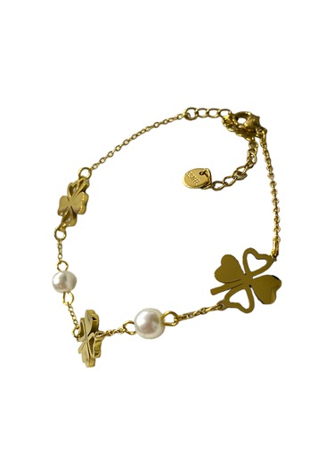 Çelik Yonca İnci Detaylı Altın Renk Kararmaz Bayan Bileklik Çelik