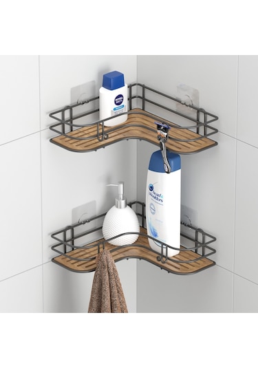 Teknotel Yapışkanlı Kancalı 2 Adet Banyo Köşe Rafı Siyah St278