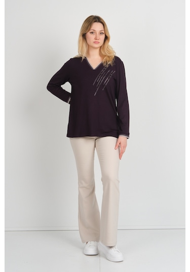 Detay Triko Kadın V Yaka Taş İşlemeli Uzun Kol Anne Bluz 5751 Mürdüm Mürdüm