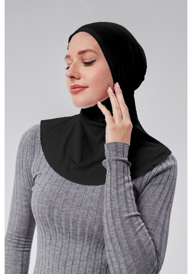 Kadın Pratik Tesettür Sporcu Boyunluklu Hijab Geçmeli Bone Penye Kumaş Siyah