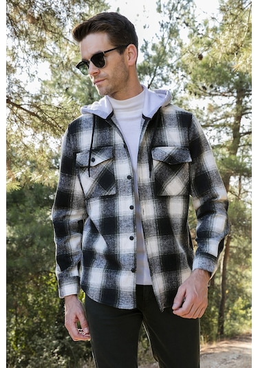 Buratti Ekoseli Çift Cepli Kapüşonlu Oduncu Erkek Gömlek Cf22W2650 Haki-Antrasit