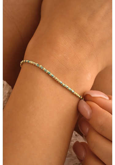 Sefa Gold 14 Ayar Altın Turkuaz Mine Boncuk Bileklik Sarı - Beyaz Altın