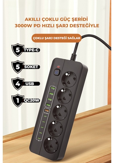 Pro P13 Siyah 3000w Akım Korumalı 5 Girişli Type-c Ve Usb Girişli Uzatmalı Grup Priz 0.2 M