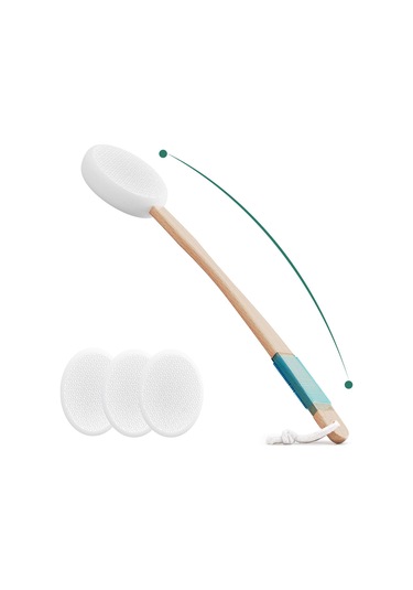 Moveevo Kemik Boyutlu Ahşap Saplı Vücut Losyon Uygulayıcı - 3 Değiştirilebilir Yumuşak Pad, Omuz-ayak Erişim Kolaylaştırıcı, Kaymaz Tutuş, Temizlenmesi Kolay Beyaz - Mavi