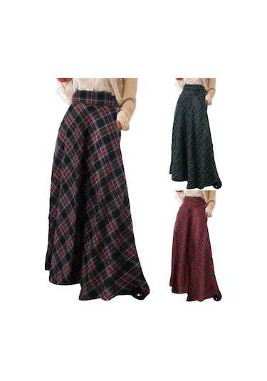 Kadın Yüksek Bel Uzun Etek A Kesim Ekose Desen Büyük Boy Kadın Etek Yer Uzunluğu Büyük Etek Etek Kırmızı